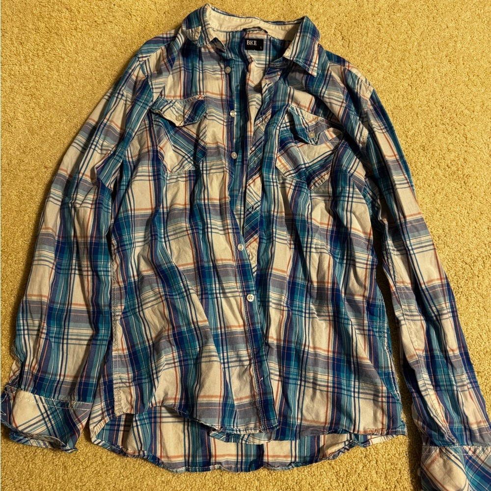 Blue and Cream Plaid Men's Buckle Shirt